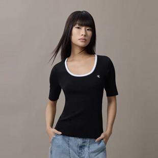 CK Jeans26春夏新女士少女感撞色大U领罗纹性感镂空短袖上衣T恤47F247G