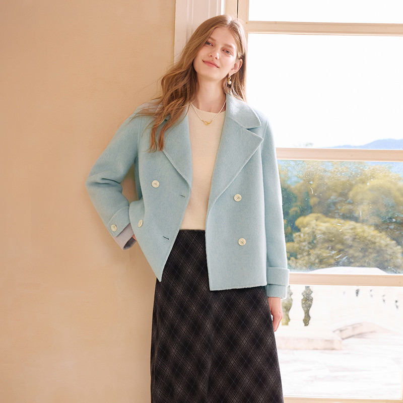 香影短款双面呢大衣女2025秋冬新款含羊毛气质双排扣蓝色毛呢外套