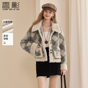 香影复古格子毛呢外套女短款2025冬季新款加绒翻领小个子夹棉上衣