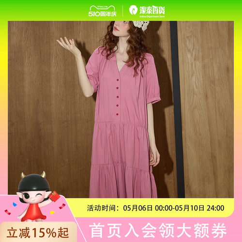 coolhut法式褶皱拼接宽松显瘦泡泡袖气质2025夏连衣裙设计感百褶