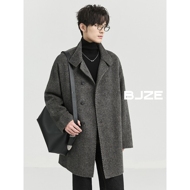 BJZE男装24冬季 高级感100全羊毛斜纹双面呢短大衣一手长加厚外套