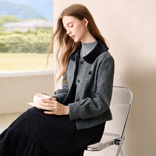 香影灰色短款呢大衣女法式娃娃领正肩呢子外套