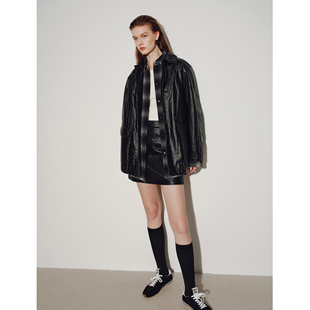 衣香丽影油蜡纸感翻领皮衣短外套950831607