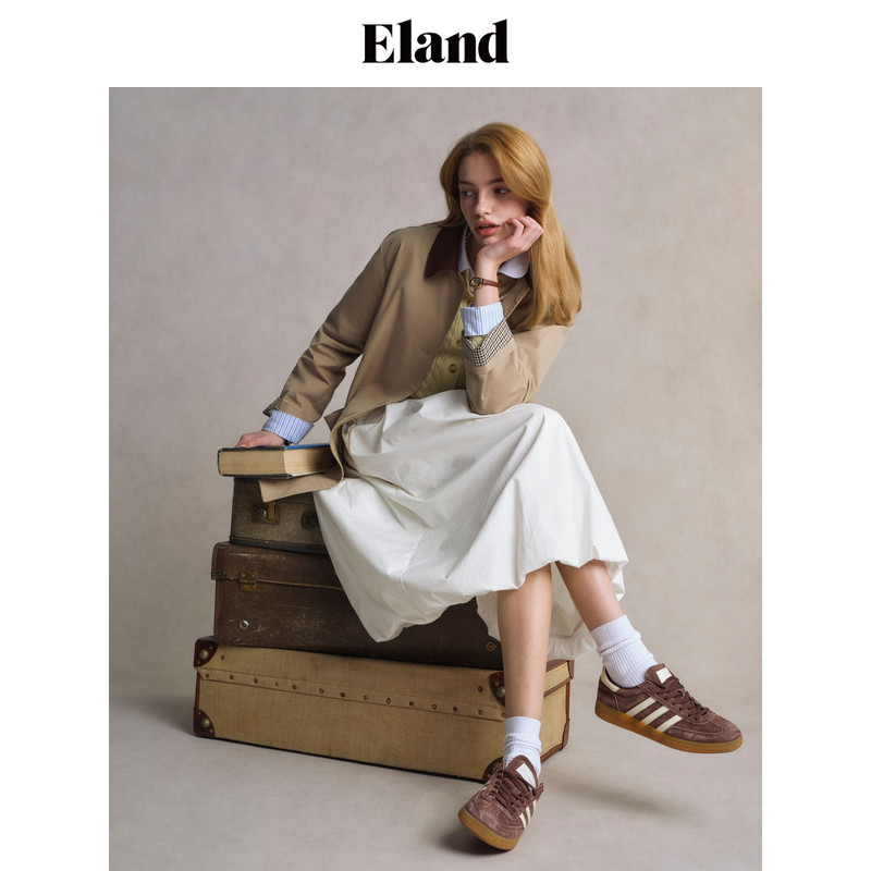 Eland衣恋风衣女翻领格纹后开衩大口袋外套2025夏季