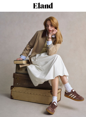 Eland衣恋风衣女翻领格纹后开衩大口袋外套2025夏季