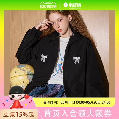 COOLHUT蝴蝶结抽绳连帽简约2025春季女式外套纯色休闲夹克宽松上衣