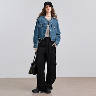 Basic House/百家好工装风高腰休闲裤女黑色弯刀裤