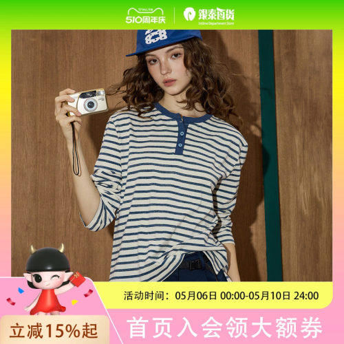 coolhut美式复古条纹圆领长袖T恤女2025夏季新款宽松休闲上衣