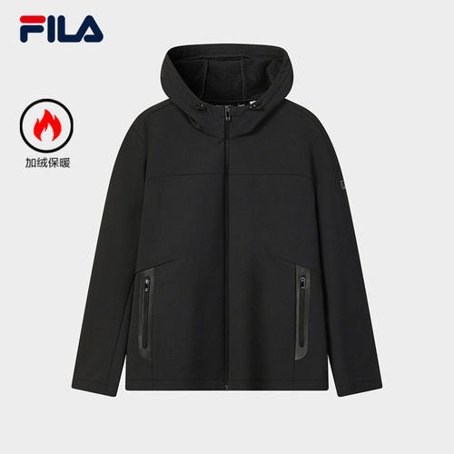 FILA 斐乐官方男士梭织外套简约基础加绒黑色连帽抓绒运动上衣F61M543701F