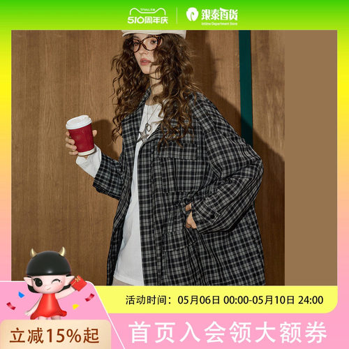 coolhut复古格纹宽松抽绳工装慵懒感2025秋季女式风衣外套