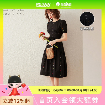 白鹿语设计感彩点刺绣连衣裙夏款气质泡泡袖修身圆领中长款小黑裙ZYU20145