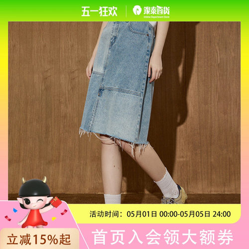 coolhut复古做旧风拼接不规则毛边五分牛仔高腰2025夏季半身裙A字
