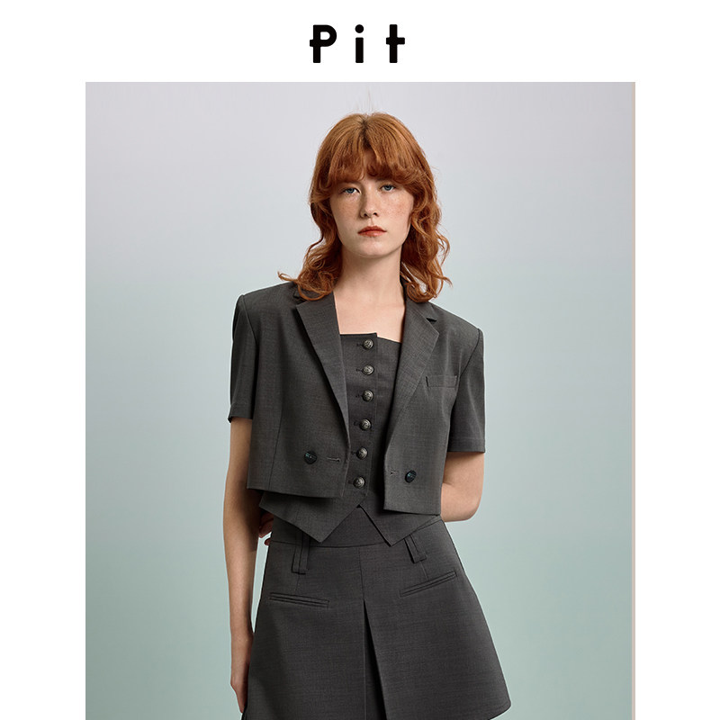 PIT女装短款西装经典翻驳领通勤双排门襟扣短款微收腰女外套-103B520459