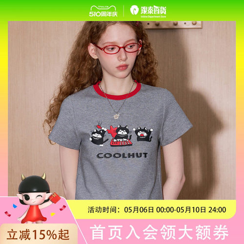coolhut正肩印花撞色领口圆领短款2025夏季女式T恤卡通字母设计感