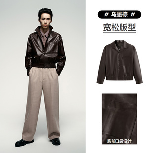 棕色山羊皮外套款 太平鸟男装 真皮夹克潮B1BDF4F02& 锋度皮衣