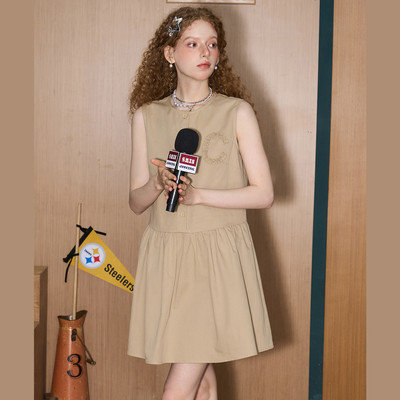 COOLHUT百褶拼接复古背心无袖森系2025夏季新款连衣裙无袖A字气质