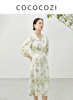 COCOCOZI立体剪花桑蚕丝连衣裙V领收腰显瘦碎花裙231CO035
