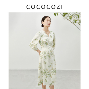 COCOCOZI立体剪花桑蚕丝连衣裙V领收腰显瘦碎花裙231CO035