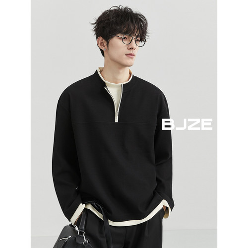 BJZE男装24秋季新款 假两件小高领卫衣男长袖宽松高级感半拉链t恤