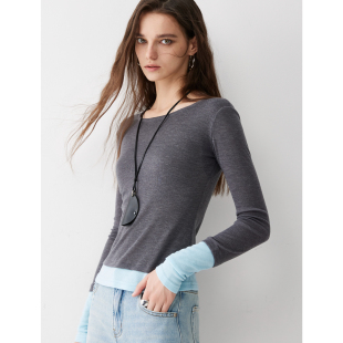 House 打底衫 百家好禁欲系假两件长袖 撞色修身 T恤2024秋季 Basic