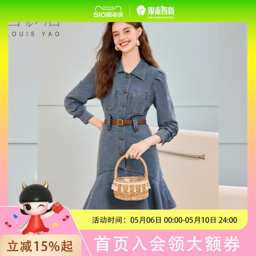白鹿语法式复古浪漫泡泡袖牛仔连衣裙25早秋款设计感修身裙子BL20282