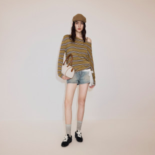 OCHIRLY欧时力 上衣宽松2026春 莱赛尔亚麻斜肩条纹针织衫