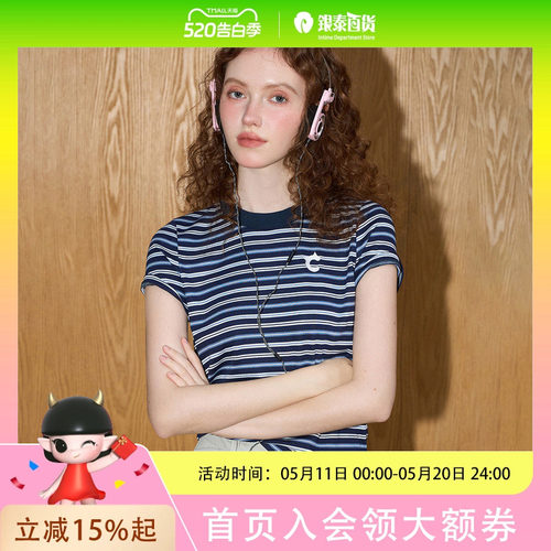 coolhut美式条纹撞色圆领复古休闲遮肉2025夏季女式T恤小众夏日