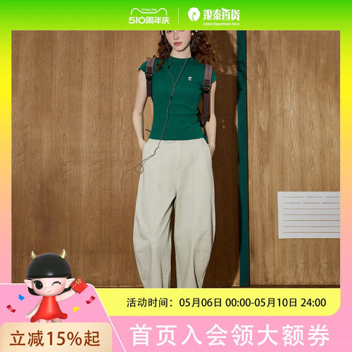 coolhut美式配色修身绿色圆领飞袖辣妹上衣短款2025夏季短袖T恤女