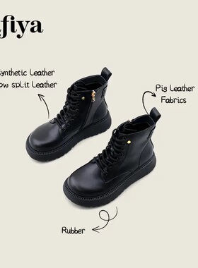 Safiya/索菲娅冬英伦风圆头侧拉链时尚粗高跟厚底马丁靴 SF44116268