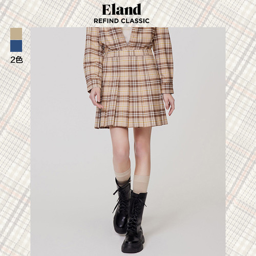 Eland衣恋半身裙学院风格纹短裙百褶裙春季A字裙
