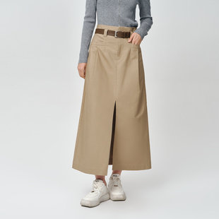 Dekashell/迪卡轩2026春季新款半身裙女开叉长裙卡其腰带设计感C521807
