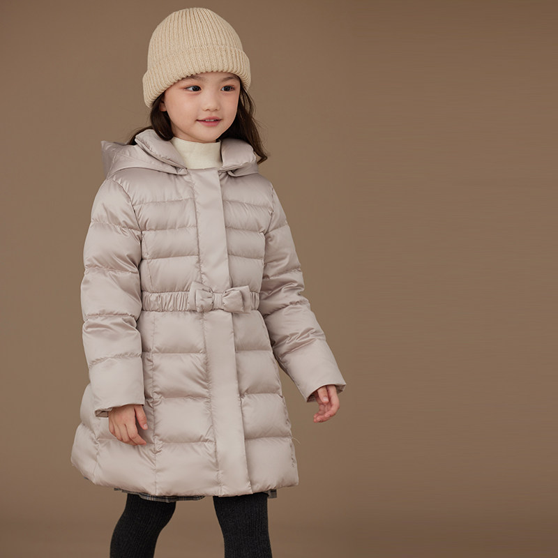 哈齿童装儿童中长款羽绒服加厚保暖女童粉色羽绒外套户外三防
