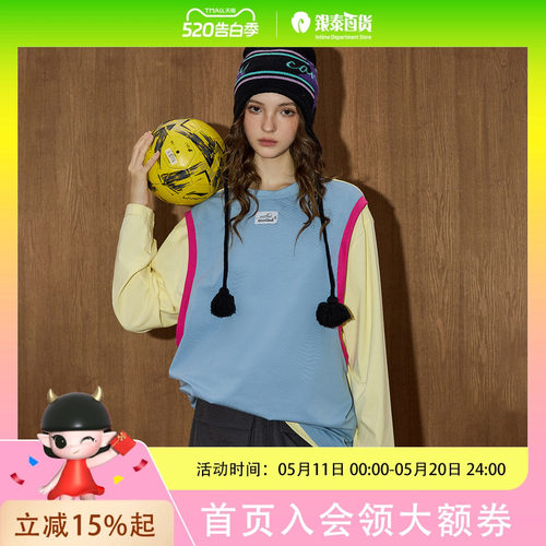 coolhut美式复古撞色拼接假两件T恤女2025早春新款圆领长袖小衫