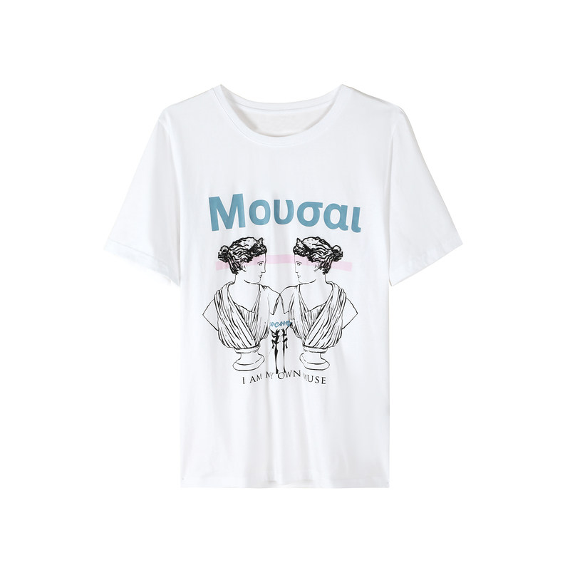 COCOON夏装新款女装印花短袖复古简约宽松直筒T恤女 20204BC03143