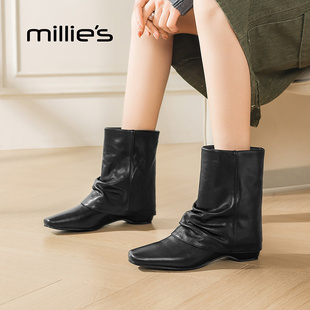 覆古褶皱短筒靴女坡跟小方头显瘦裤 妙丽秋冬款 管靴 MILLIE