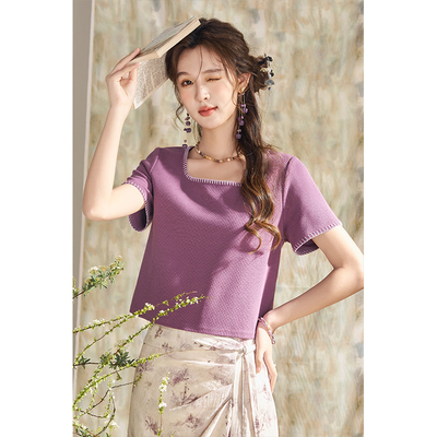 谜秀春款方领华夫格面料短袖短款T恤MXD14T0235