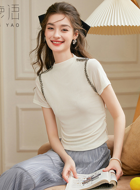 白鹿语立领正肩串珠短袖夏季款气质时尚微弹缩褶女式T恤HU50087