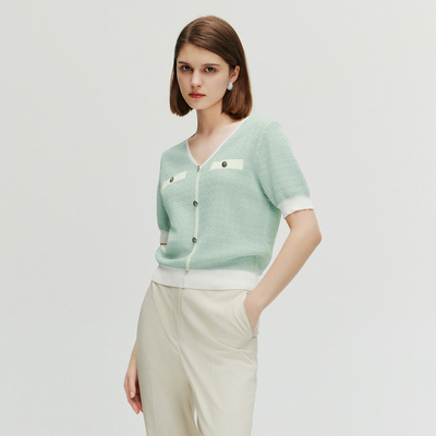PRICH2024春夏纽扣装饰V领针织短袖螺纹T恤女气质套头针织衫PRKWE2502M