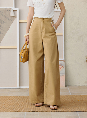 谜秀100棉卡其蕾丝拼接阔腿裤高腰直筒显瘦通勤长裤MXE34K0925