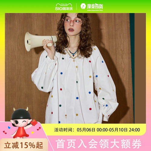 coolhut2025秋季女式时尚美式复古彩色小花刺绣长袖衬衫