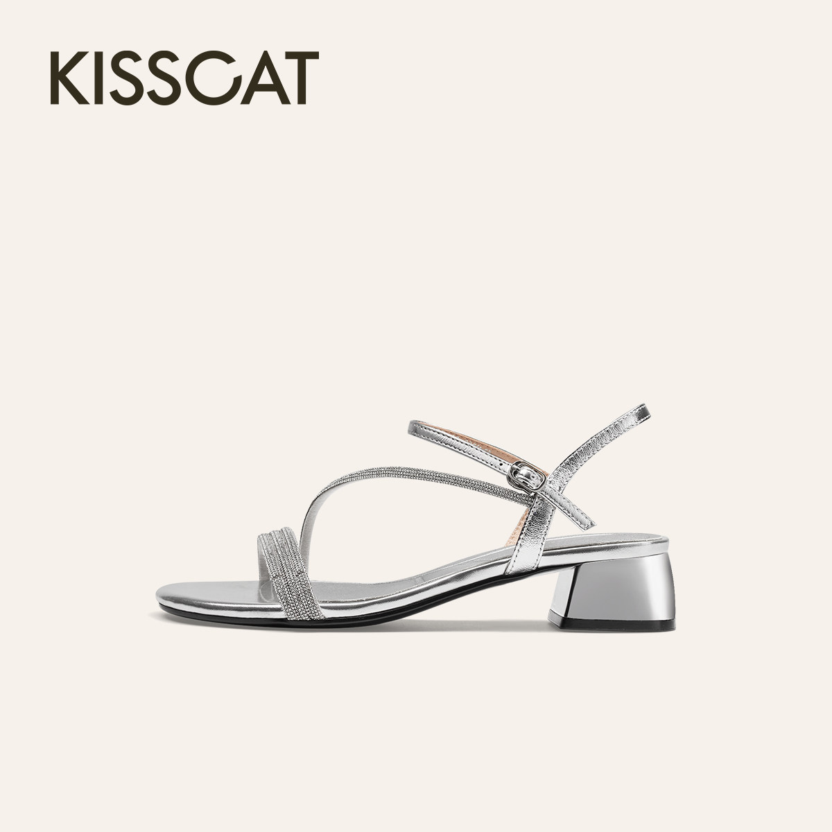 KISSCAT接吻猫2025年夏季时尚通勤气质优雅圆头时装凉鞋KA65307-10