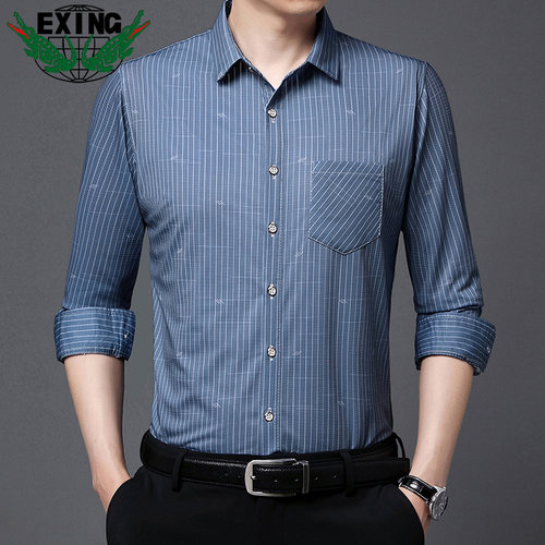EXING男士春秋时尚休闲条纹衬衫