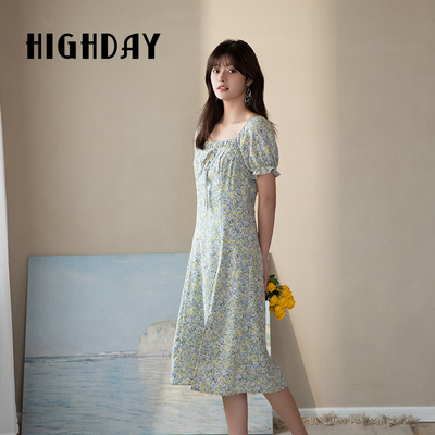 highday轩日2021夏季新款碎花开叉气质泡泡袖连衣裙女LQ05BE12621