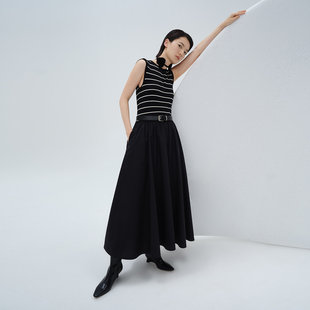 Dekashell/迪卡轩2026春季新款黑色条纹连衣裙无袖收腰大摆长裙C381602