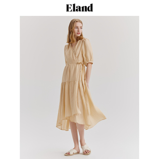 Eland衣恋连衣裙女交叉V领不规则蛋糕裙子夏季 EEOWE25Q92
