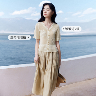 香影镂空v领针织衫女短袖2025夏装新款设计感淡黄色开衫上衣