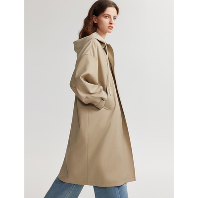 ELLE松弛长款连帽女式风衣2024年秋季款都市通勤风轻盈外套女ED49202