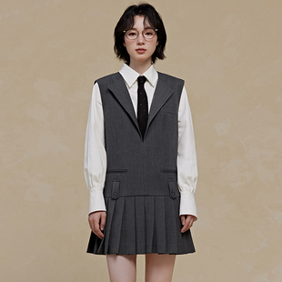 连衣裙 百褶无袖 pit复古灰色无袖 背心连衣裙新款