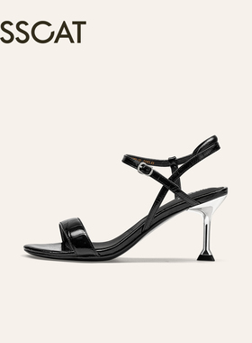 KISSCAT接吻猫夏季气质黑色高跟鞋真皮尖头一字带凉鞋KA65301-10