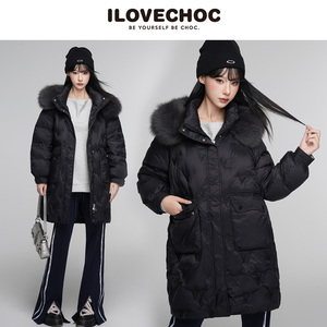 ILOVECHOC 2025冬季新中长款大狐狸毛领保暖羽绒服女士摩登潮流